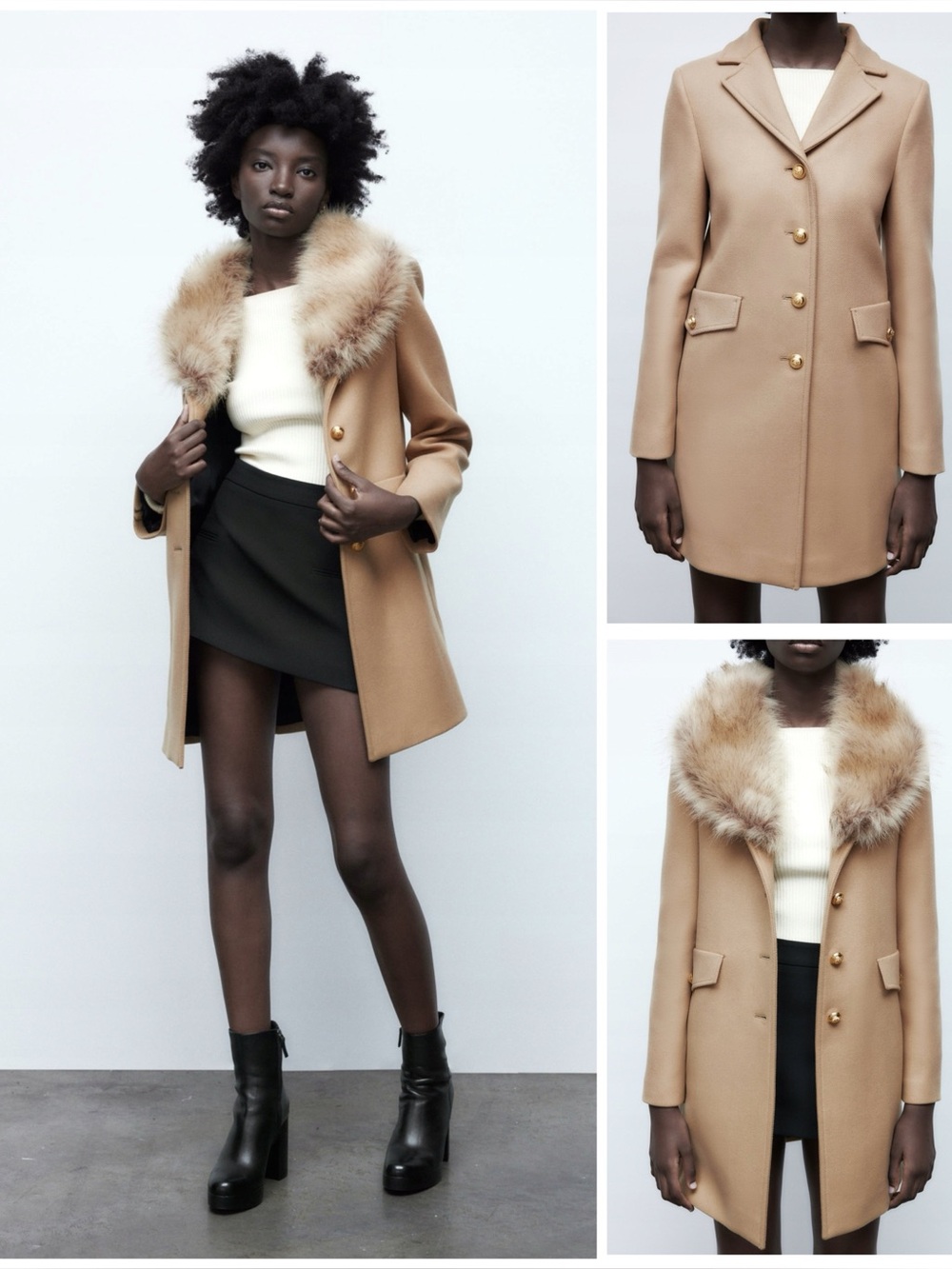 ZARA ~ Wool-Blend Coat with Faux Fur Collar
